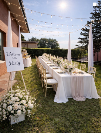 Outdoor event dinner setup with string lights