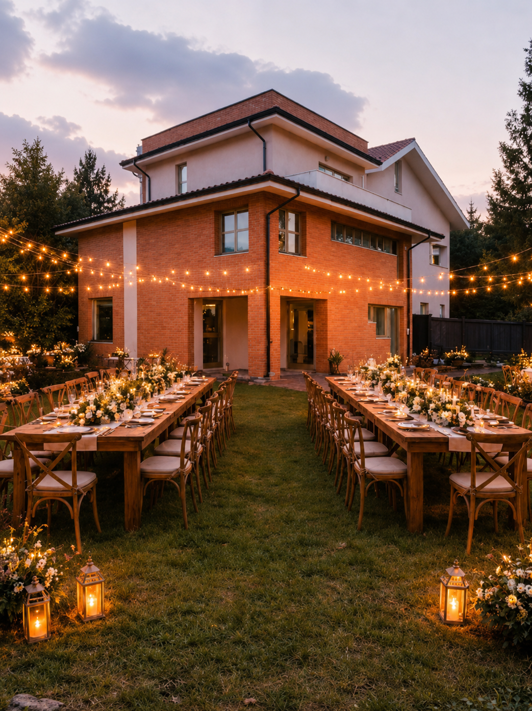 Firmamento Royal House villa at dusk, dinner tables set up outdoors